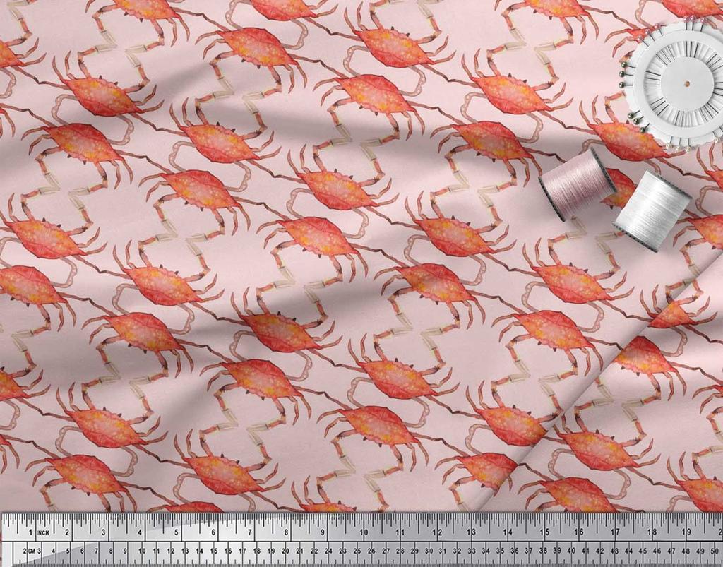 Soimoi Beige Japan Crepe Satin Fabric Crabs Ocean Print Fabric by the metre 42 Inch