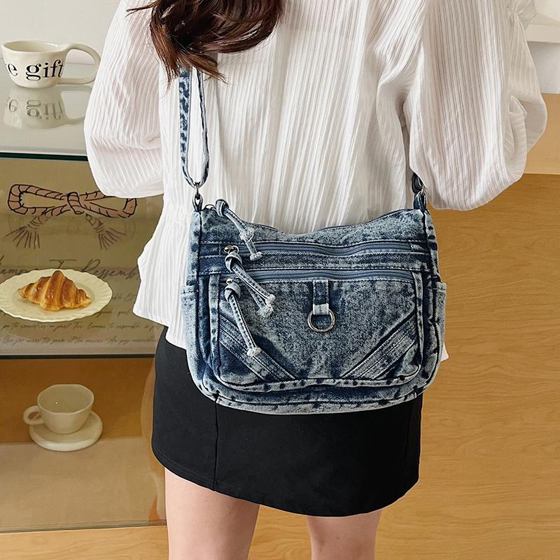 Vintage Denim Crossbody Bag Women's Multi-Pocket Single Shoulder Small Square Bag