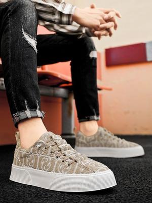Fashion Man Shoe Low-Top Print Khaki Canvas Sneakers With Laces 2025 Trend Elegant Without Leather Fashion Price Casual Shoes for Men
