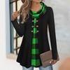 Autumn T-shirts Fashion Plaid Print Fake Two-piece Pleated Scarf Wild Button Plus Size Women's Thin Long-sleeved T-shirt