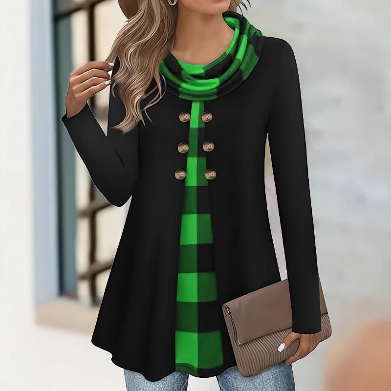 Autumn T-shirts Fashion Plaid Print Fake Two-piece Pleated Scarf Wild Button Plus Size Women's Thin Long-sleeved T-shirt