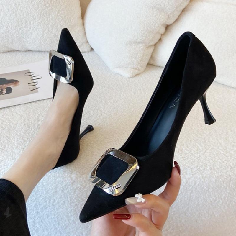 Retro Niche Pointed Leopard Print High Heels, 2025 New Square Buckle Thin Heels, Versatile Office Women's Shoes Chaussure Femme