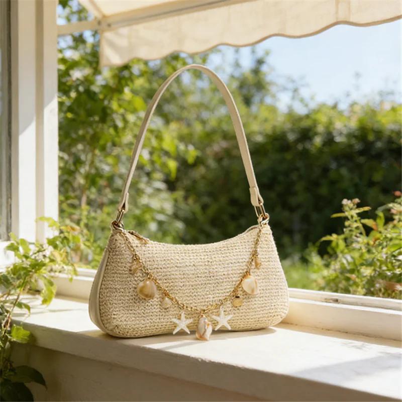 Yogodlns Summer Straw Handbag Purse Chic Weaving Shoulder Bags with Seashell Embellishments Tote Bag for Women Vacation