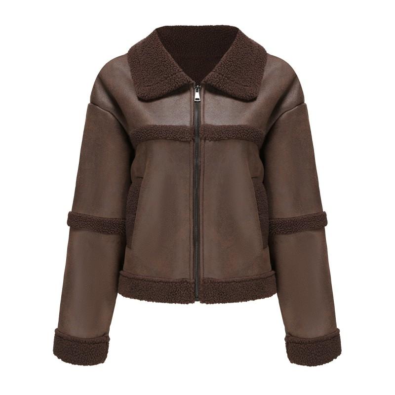 Womens Faux Leather Suede Jacket Winter Warm Lined Casual Windproof Coat Loose Fit