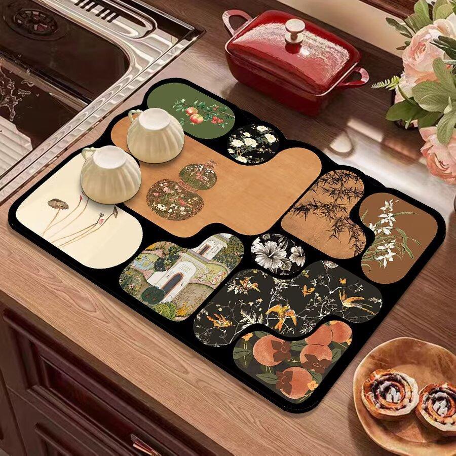 Vintage Kitchen Countertop Draining Mat Tableware Mat Non-Slip Mat Microwave Oven Top Mat Placemat Heat Insulation Mat