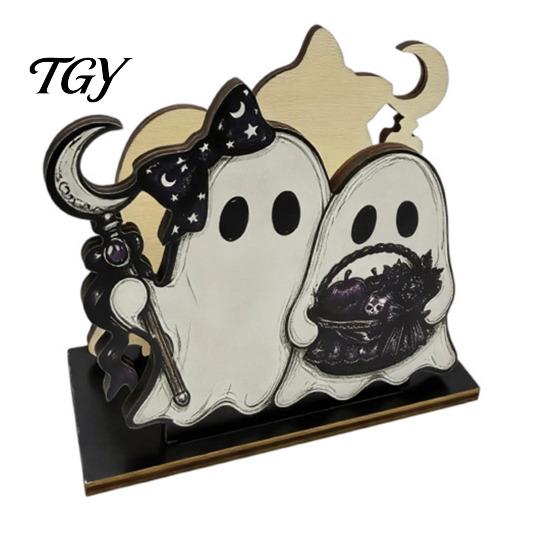 Decorative Wood Towel Rack Halloween Wooden Napkin Holder, Cute Ghost Black Cat Vertical Paper Organizer for Kitchen Stand, Table Tissue Festive Party