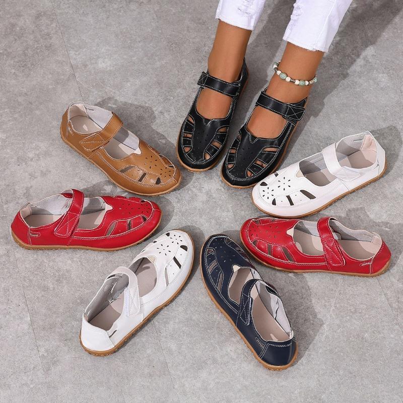 Women's Plus Size Closed Toe Roman Sandals, breathable hollow out flat design with comfy soft fit for daily casual walking wear