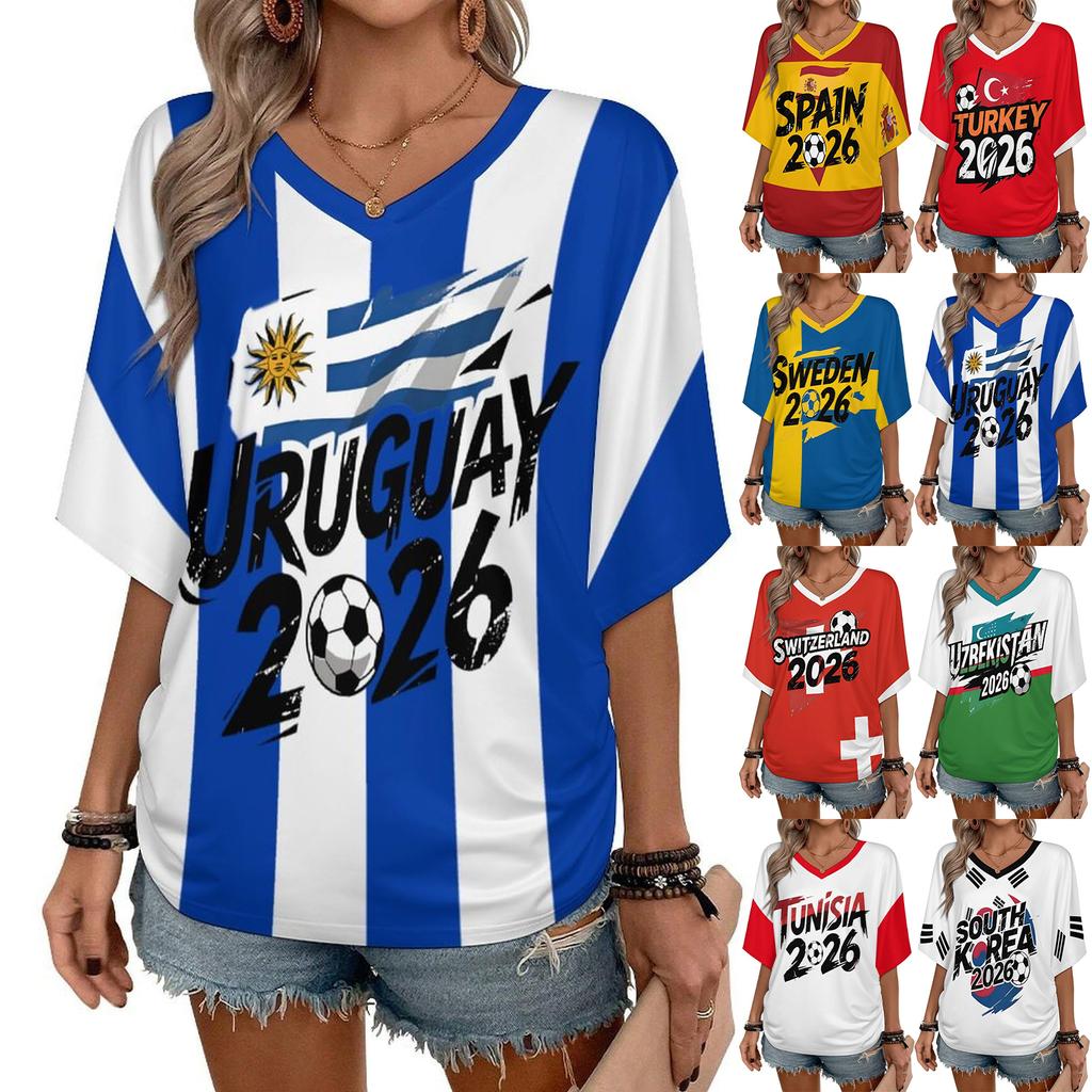 Women V Neck Short Sleeve Pullover T Shirt with Letter Print Casual Loose Fit Top for Soccer Support and Events