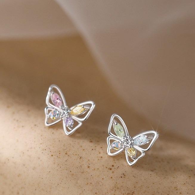 New Fashion Creative Colorful Diamond Butterfly 925 Sterling Silver Jewelry Sweet Girly Asymmetric Earrings TYB626