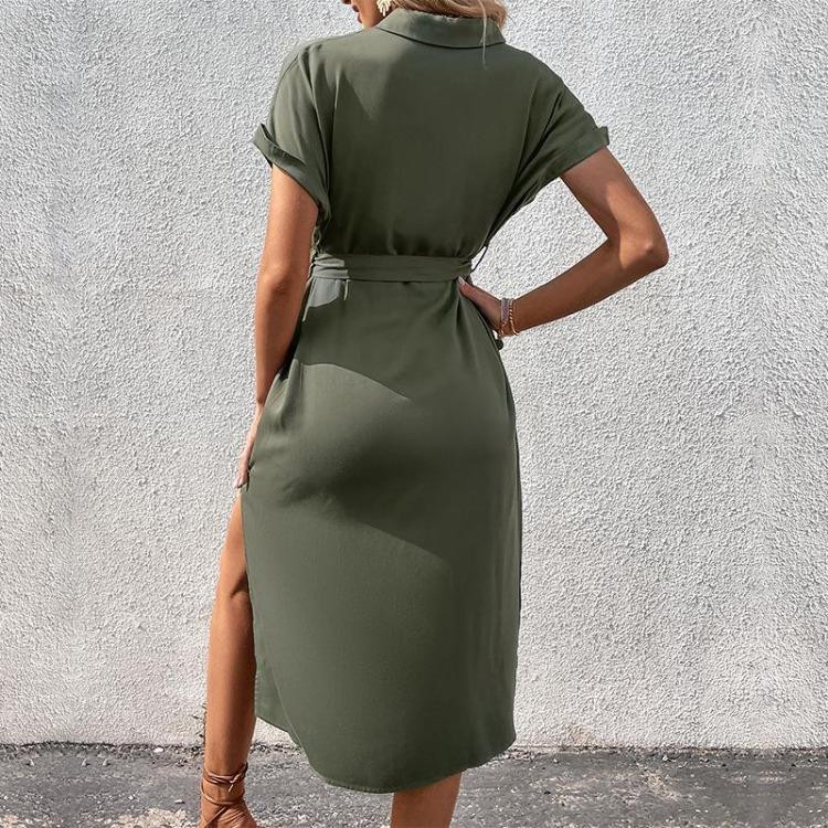 Women's Summer Lace Up Dress Solid Color Turn Down Collar Single Breasted Split Design