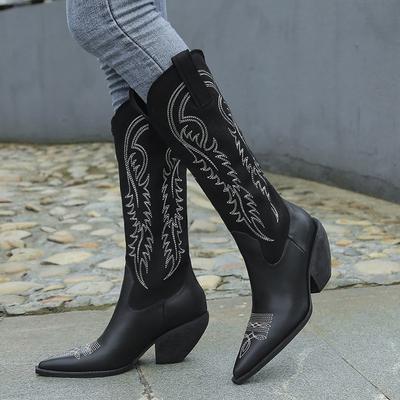 Rimocy Vintage Embroidered Western Cowboy Boots Women Autumn Pu Leather High Heels Long Knee High Boots Woman Pointed Toe Shoes