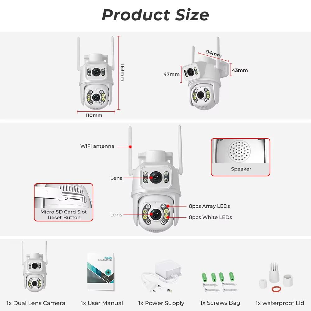 2024 Nová 8MP EU 4K IP CCTV bezpečnostní kamera s duálním objektivem, WIFI, PTZ, sledováním pohybu AI, detekcí těla, vodotěsná pro venkovní použití, pro dohled