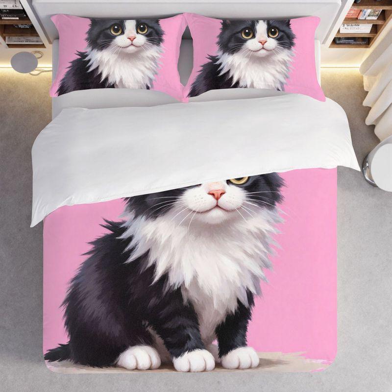 3-Piece Bedding Pillowcase Quilt Cover Set Cute Kitten Pink Background Pattern 2D Digital Printing For Bedroom Dormitory Decor