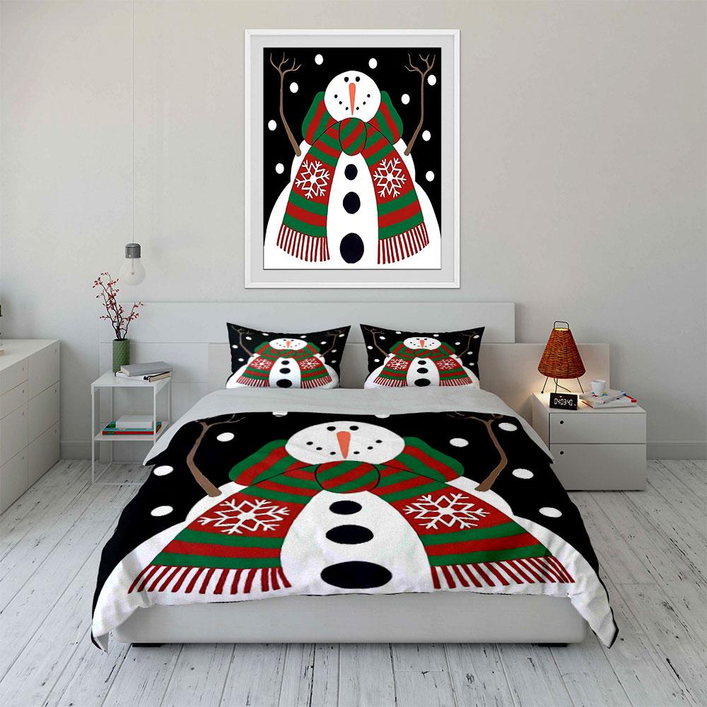 Snowman with Red Green Scarf Bedding Duvet Cover Set Duvet Cover Pillowcases (1*Duvet Cover 2*Pillowcases, Without Duvet Insert)
