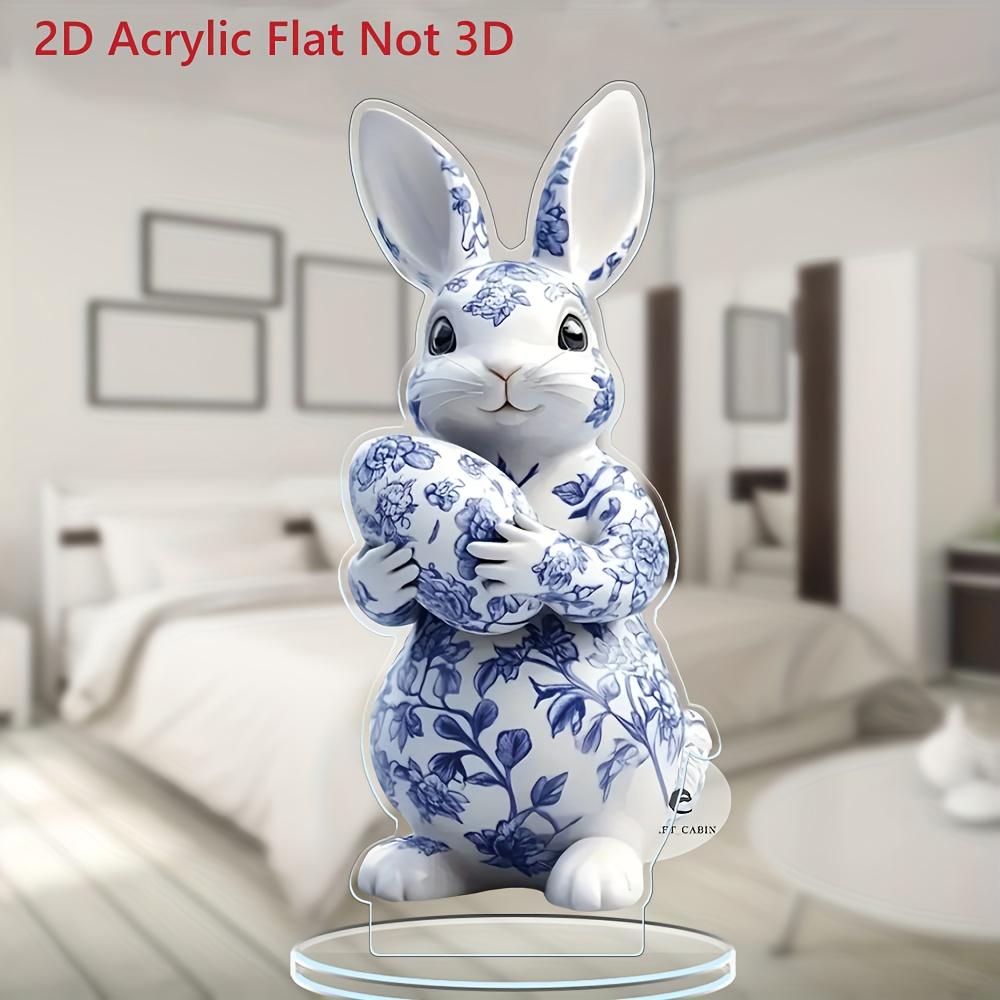 Ornement suspendu Lapin en Acrylique Plat 2D Bleu Blanc Porcelaine, Décoration Fenêtre Salon Maison, Cadeau de Pâques Thanksgiving Pour Amis