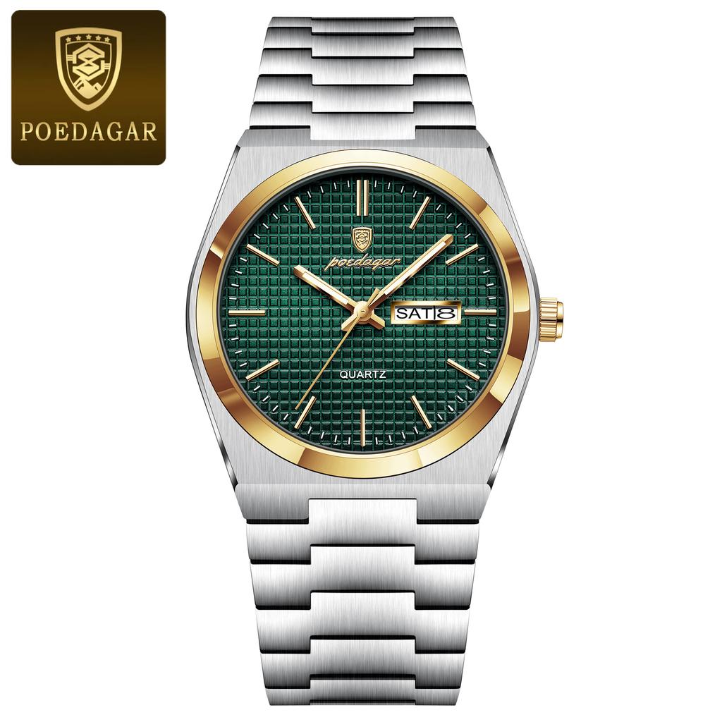 POEDAGAR Top Luxury Man Watch Waterproof Stainless Steel Men Wristwatch Luminous Date Week Fashion Business Quartz Men's Watches