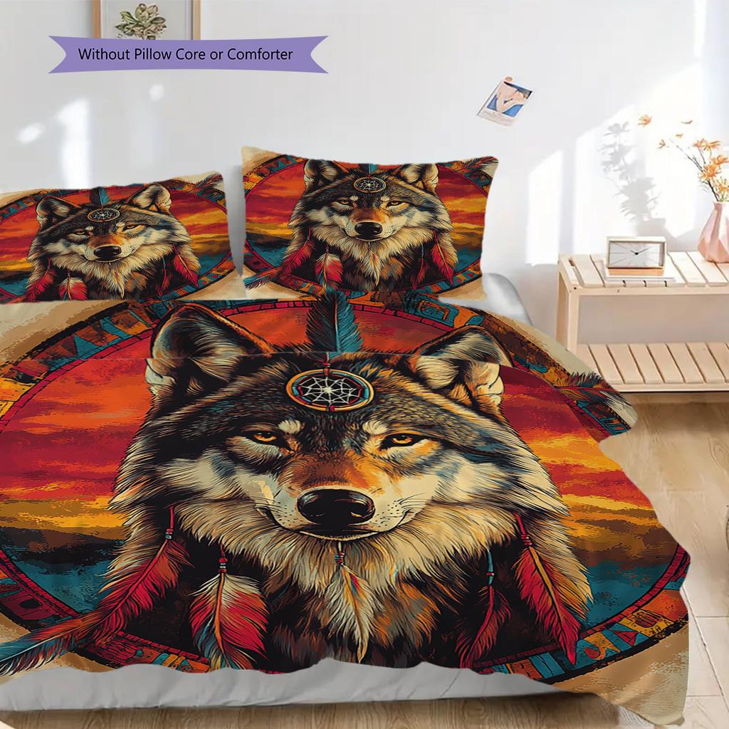 Primitive Wolf Pattern Bedding Quilt Set Quilt Cover Pillowcase Home Decoration Birthday Gift (1 * duvet cover + 2 * pillowcase, without core)