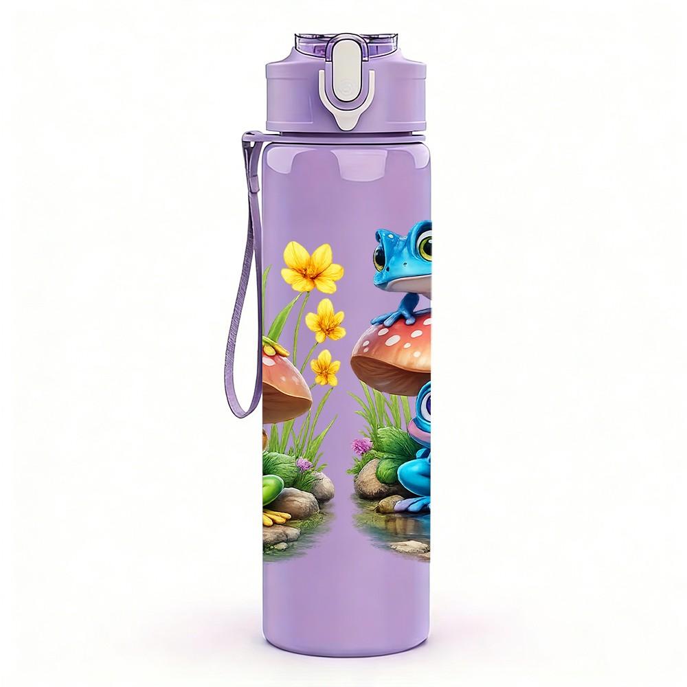 1PC Mushroom House Cartoon Print 750ml Color Plastic Sports Water Bottle Leakproof Flip Straw Lid Suitable for Sports Office Home Use