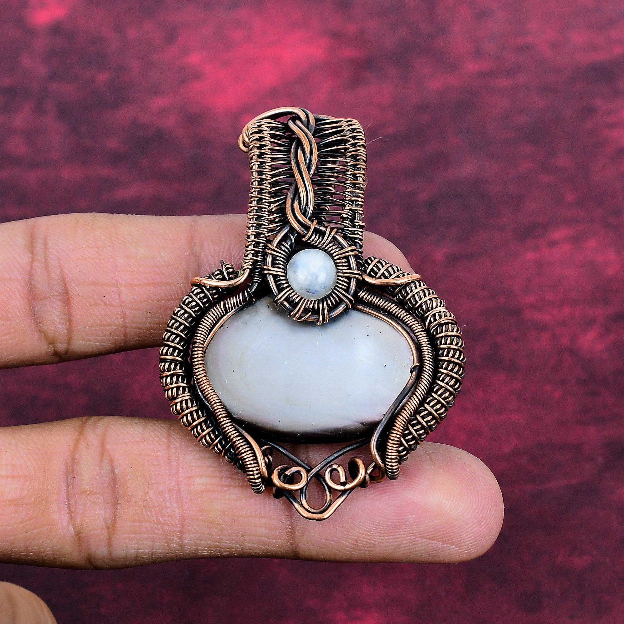 Black Mother Of Pearl Gemstone Pendant Copper Wire Wrapped Rainbow Moonstone Jewelry