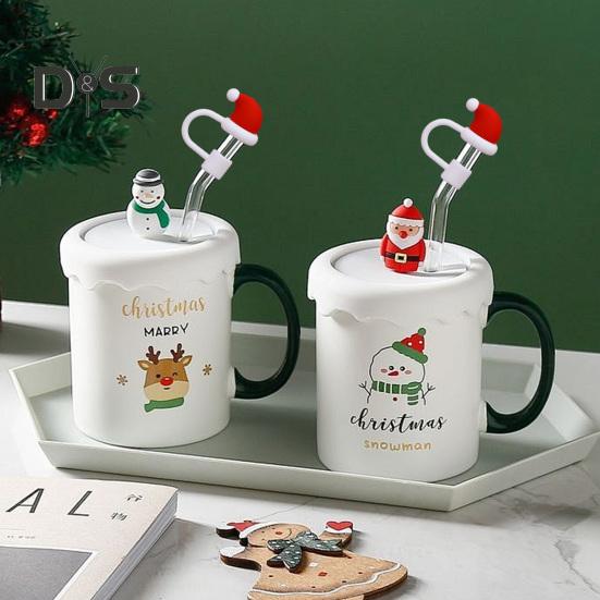 Coperchio per cappello di paglia di Natale per tazza da 10 mm, tappi di paglia di Natale, antipolvere, riutilizzabili, coperchi per regali di Natale, cappello di Babbo Natale, pupazzo di neve, alce, albero