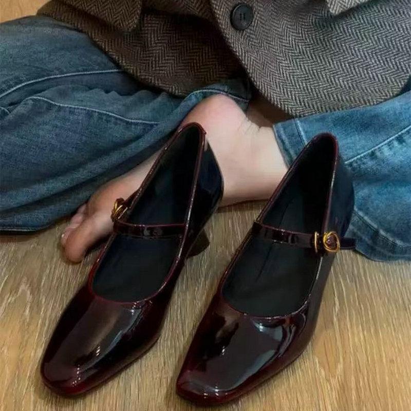 Fashion New Amber Mary Jane High Heels, Women'S One-Button Wedge Heels, Square-Toed Small Leather Shoes, High-Heeled Small Single Shoes