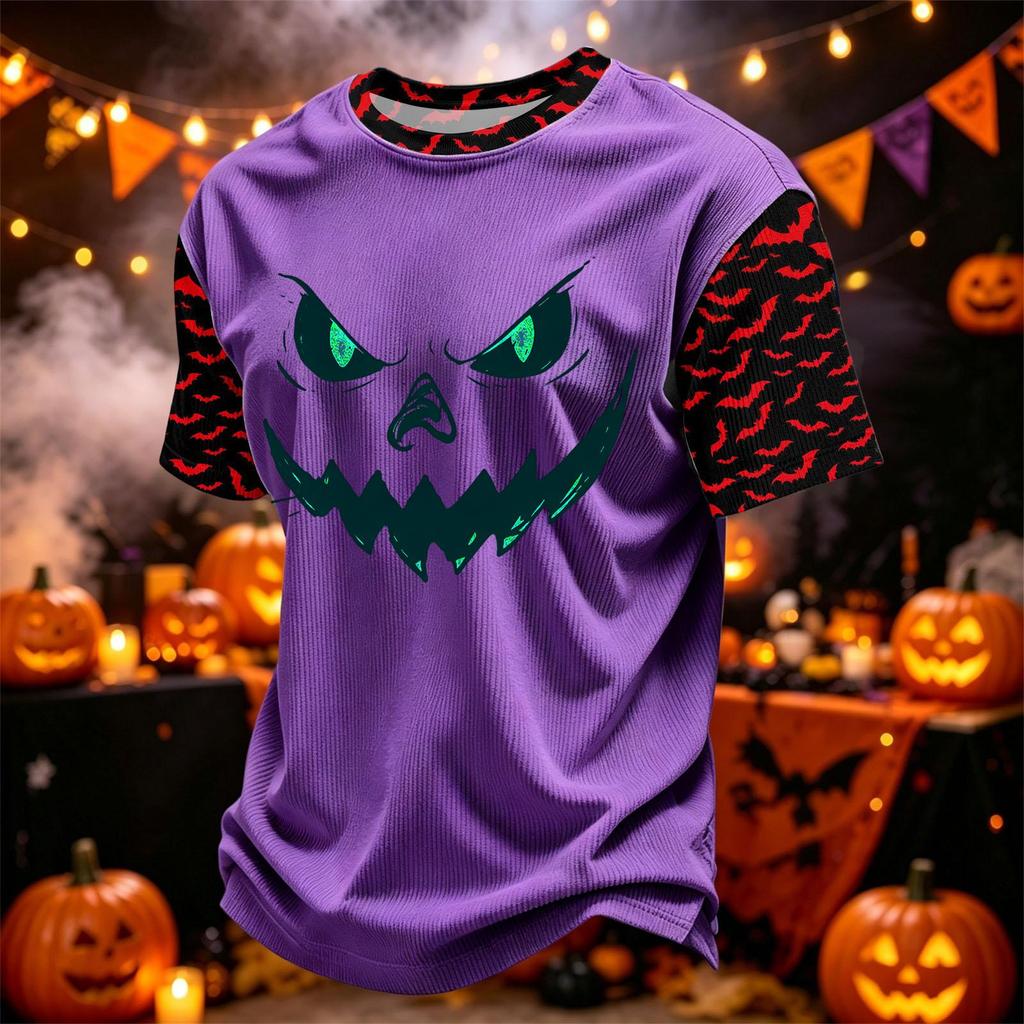 Men's Casual Corduroy Short Sleeve Crew Neck Lightweight Breathable Top Halloween Print Design Comfortable Fit
