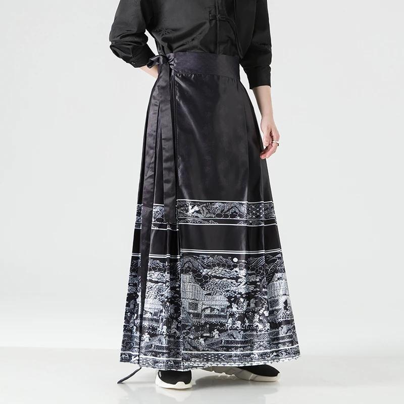 Men Vintage Pleated Horse Face Skirt Male Street Wear Black Hanfu Skirt Pants Men Women Chinese Style Harajuku Skirts