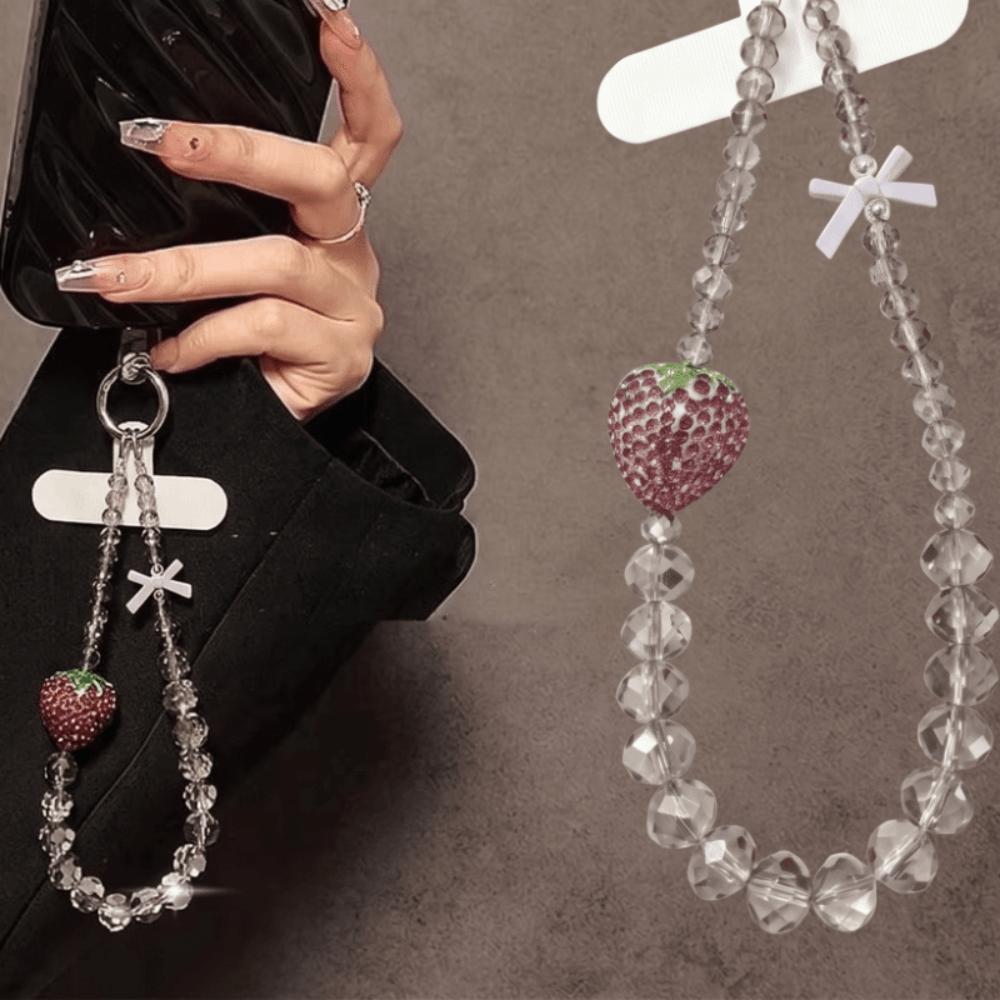 Pink Strawberry Mobile Phone Chain Bling Phone Lanyard Beaded Phone Bracelet Gift Girl