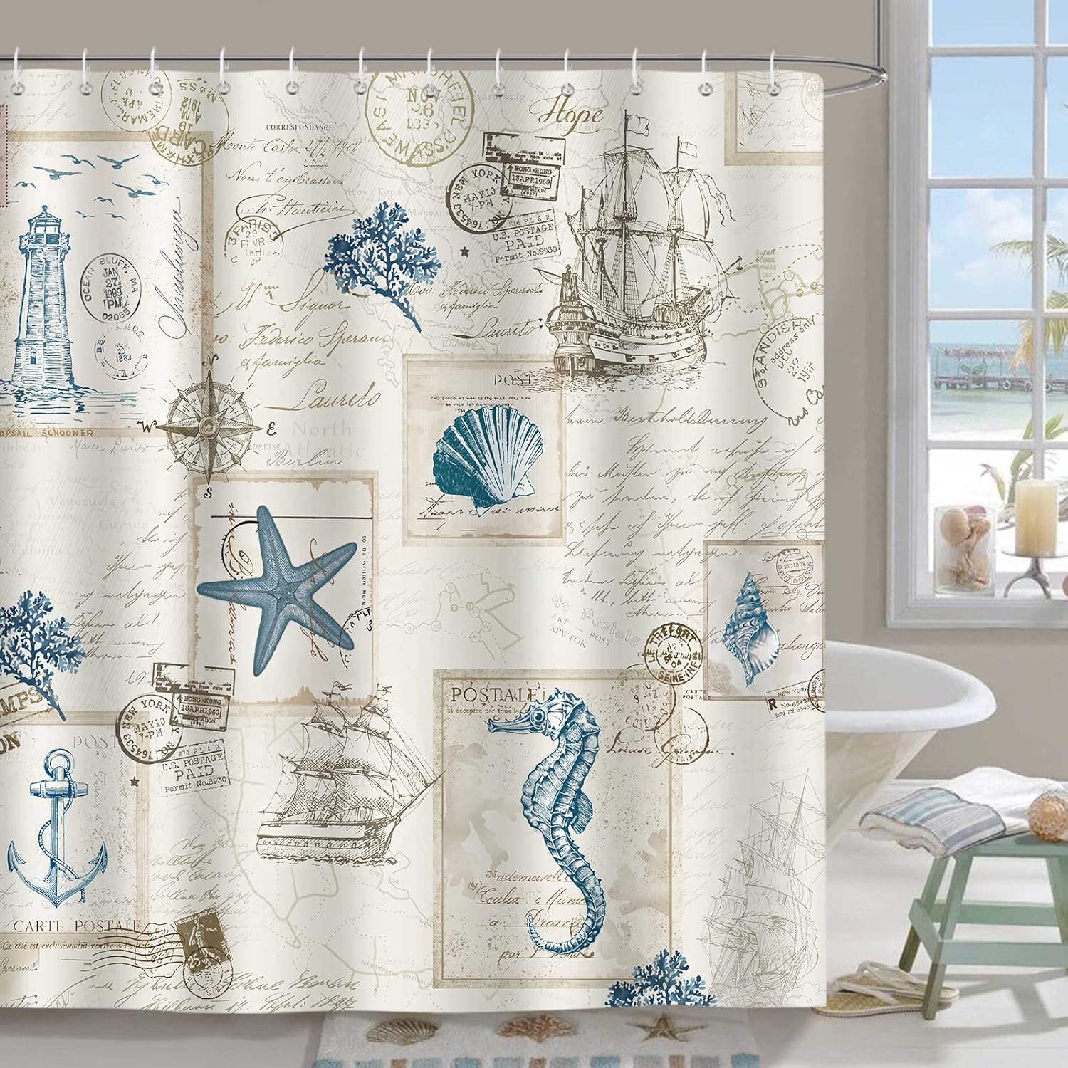 

Modern Nautical Anchor Lighthouse Sailing Shower Curtain 180 x 200cm Washable Polyester Shower Curtain with 12 hooks W90xH180cm