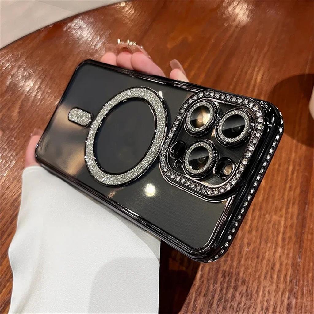 Bling Glitter Rhinestone Magnetic Wireless Charge Case for iPhone 16 15 14 13 12 11 Pro Max Plus Shockproof Jewelled Cover