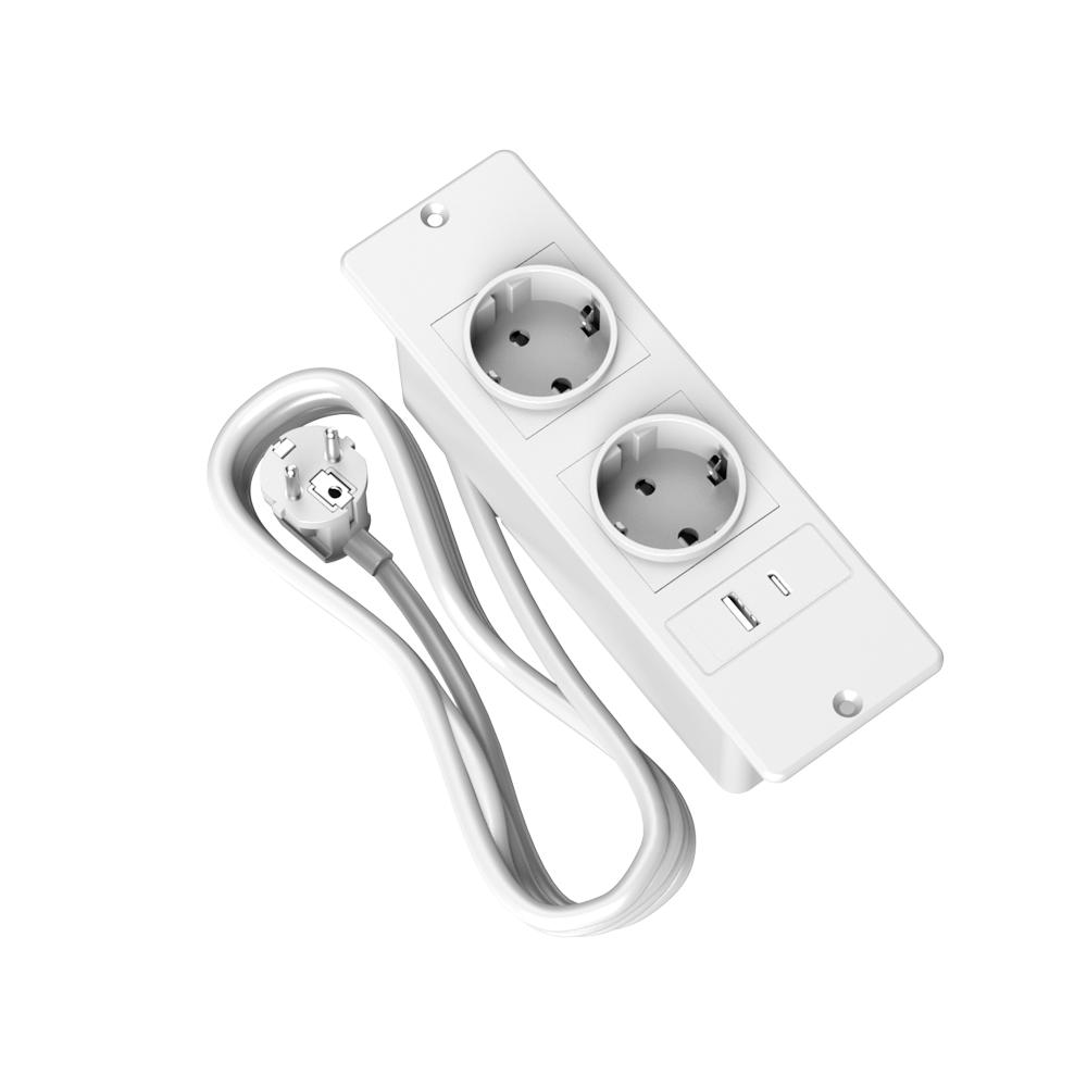Zásuvková lišta zapustená do nábytku s 2 zásuvkami, portami USB A a USB C, integrovaná nabíjacia stanica pre stôl, nočný stolík, skrinku