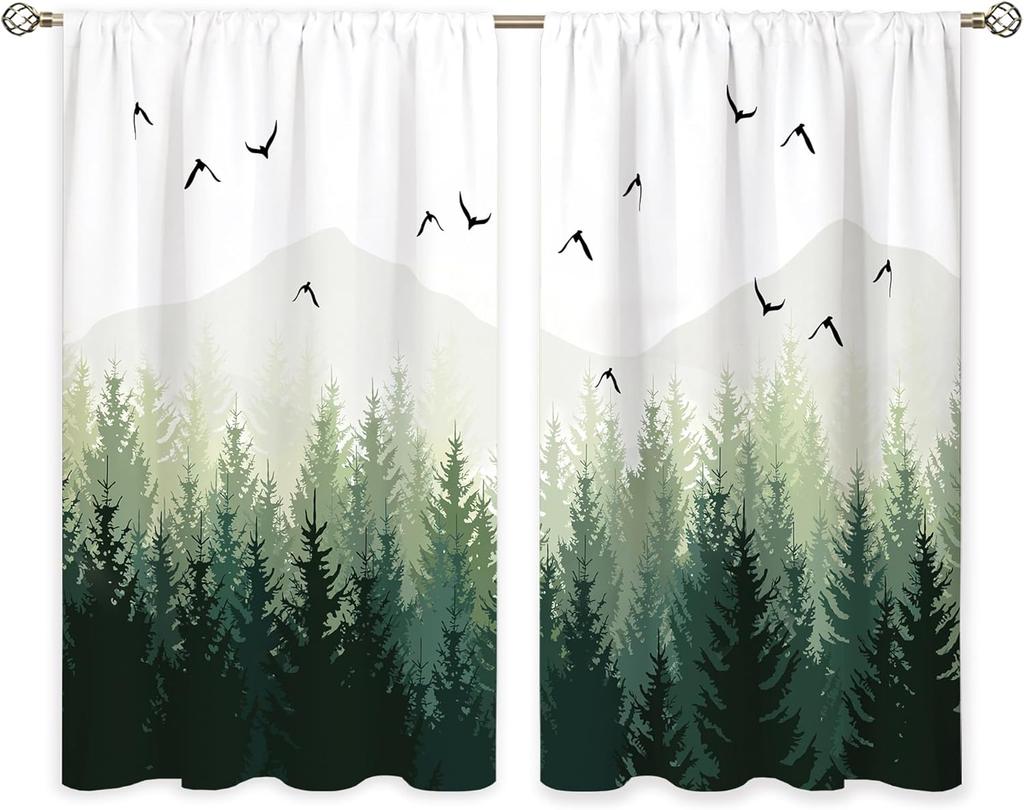 Grüne neblige Waldfenstergardinen Natur Kiefernwald Berglandschaft Vogelgardinenschals Aus Polyester Mit Stangentasche Waschbar