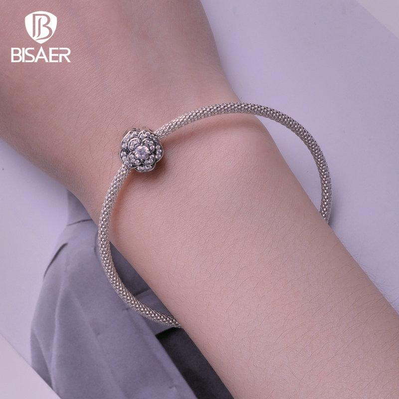 Bisaer 925 Sterling Silver Camellia Charm Beads for Women Original Bracelet Jewelry