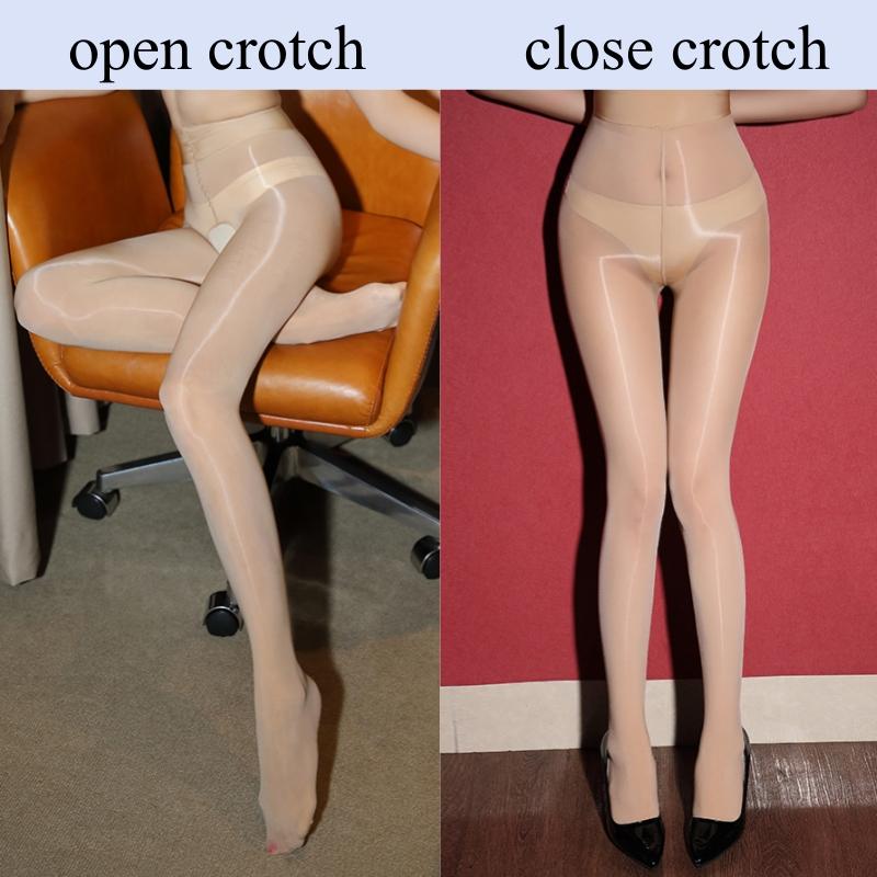 8D Ultra Thin Transparent Stockings Vintage Oil Glossy High Waist Nylon Pantyhose Women Sexy One Line Open Crotch Tights