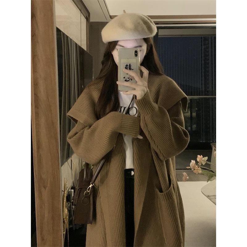 

Женский вязаный кардиган оверсайз в стиле ретро 2023 - Толстое, свободное пальто-свитер средней длины для осени/зимы 3XL for 135-150 jin