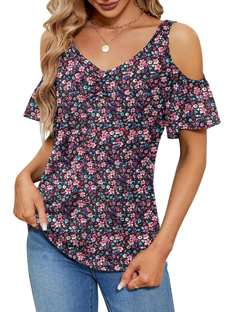 2025 Summer Off-the-Shoulder V-Neck Print Top for Women