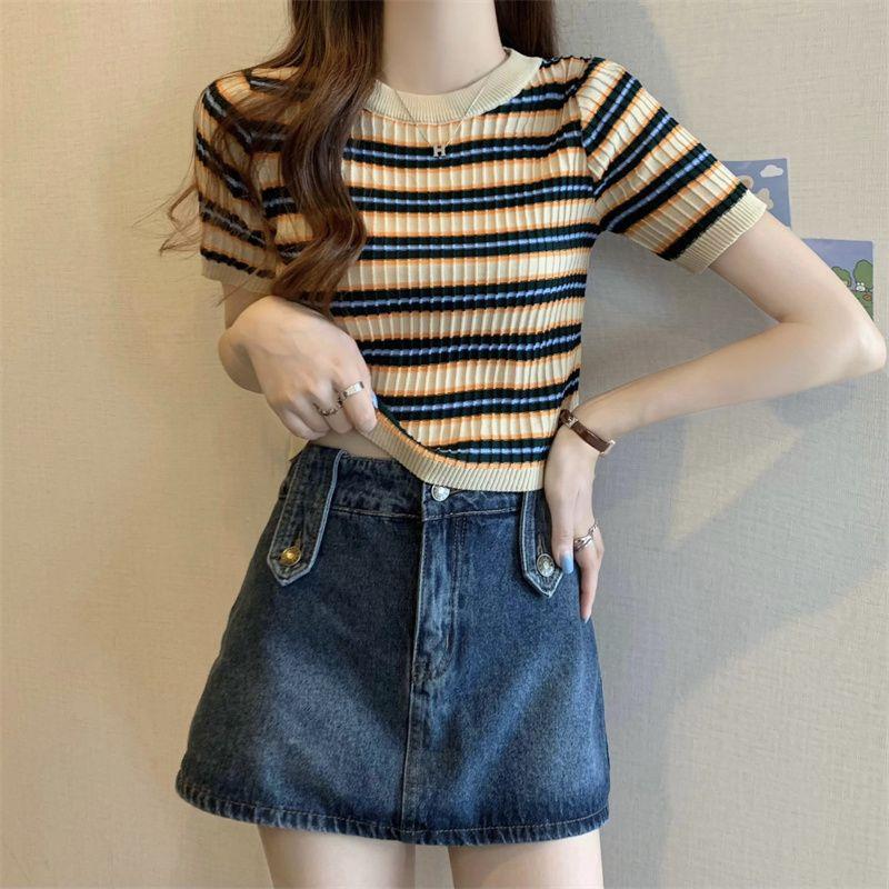 Camiseta de Verano Casual Coreana Corta y Versátil a Rayas Adelgazante Cuello Redondo Manga Corta Top para Mujer