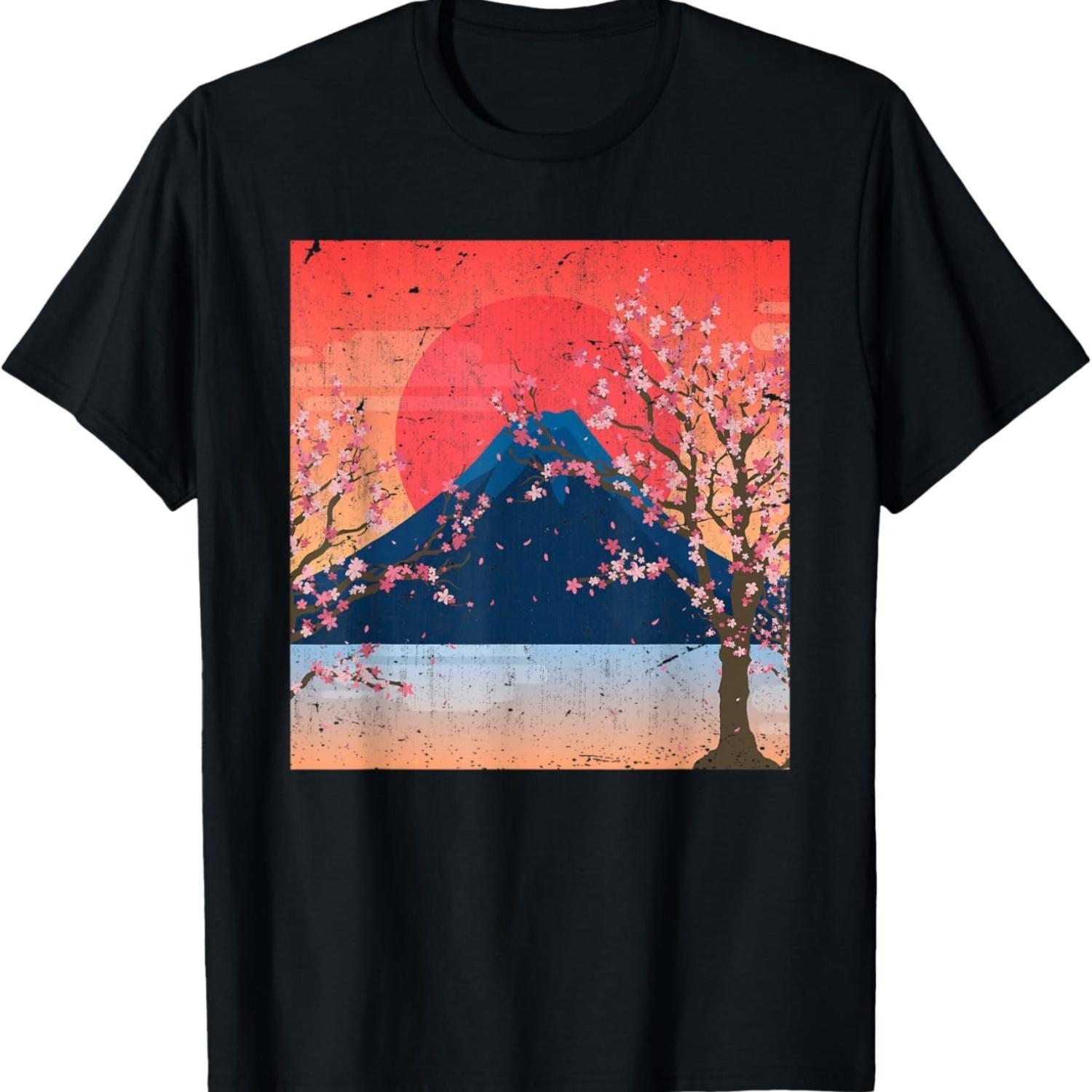 Футболка с изображением горного заката и розового вишневого дерева(1) S чёрный