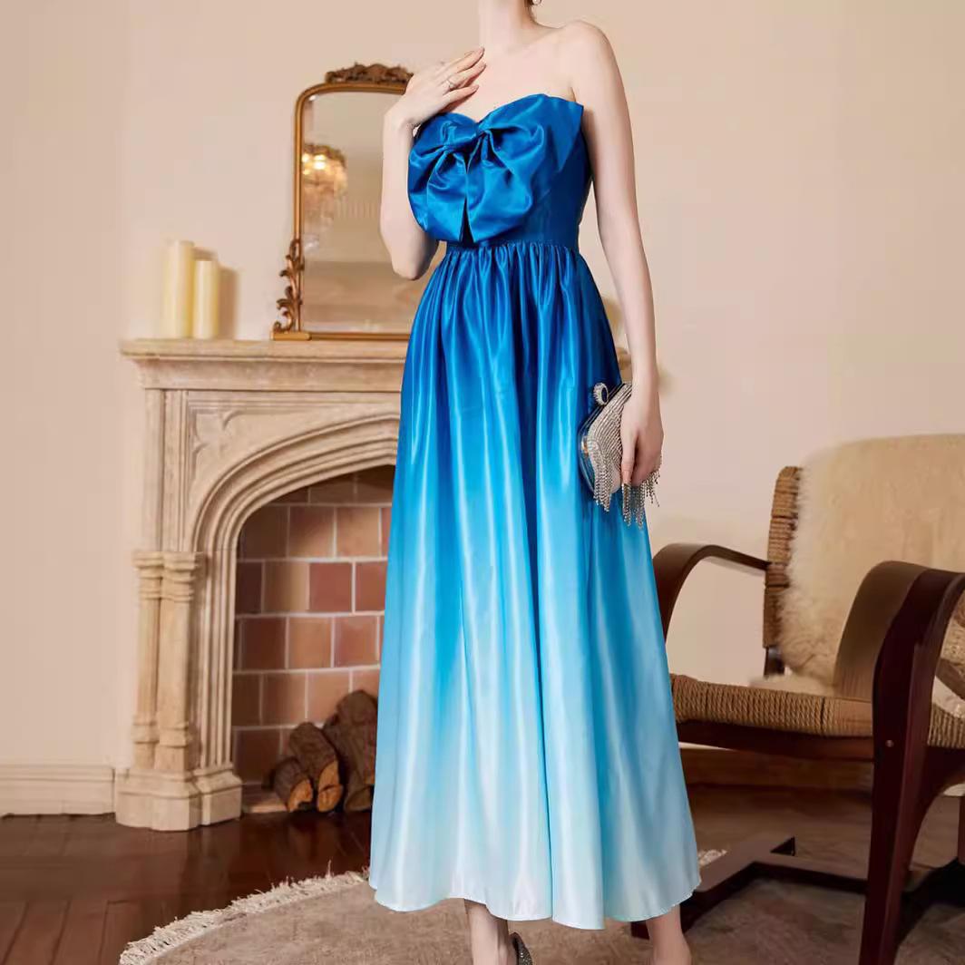 

New sexy elegant gradual change color tube top slim evening dress bow XL синій