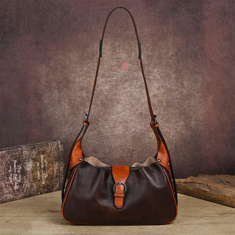 Johnature Genuine Leather Retro Women's Bag Solid Color Soft Cowhide Large Capacity Shoulder Crossbody Bag
