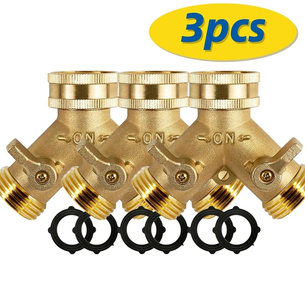 3/4 Inch 2 Way Brass Garden Hose Splitter Y-Type Tap Watering Connector Distributor for Outdoor Faucet 1/2/3 Set