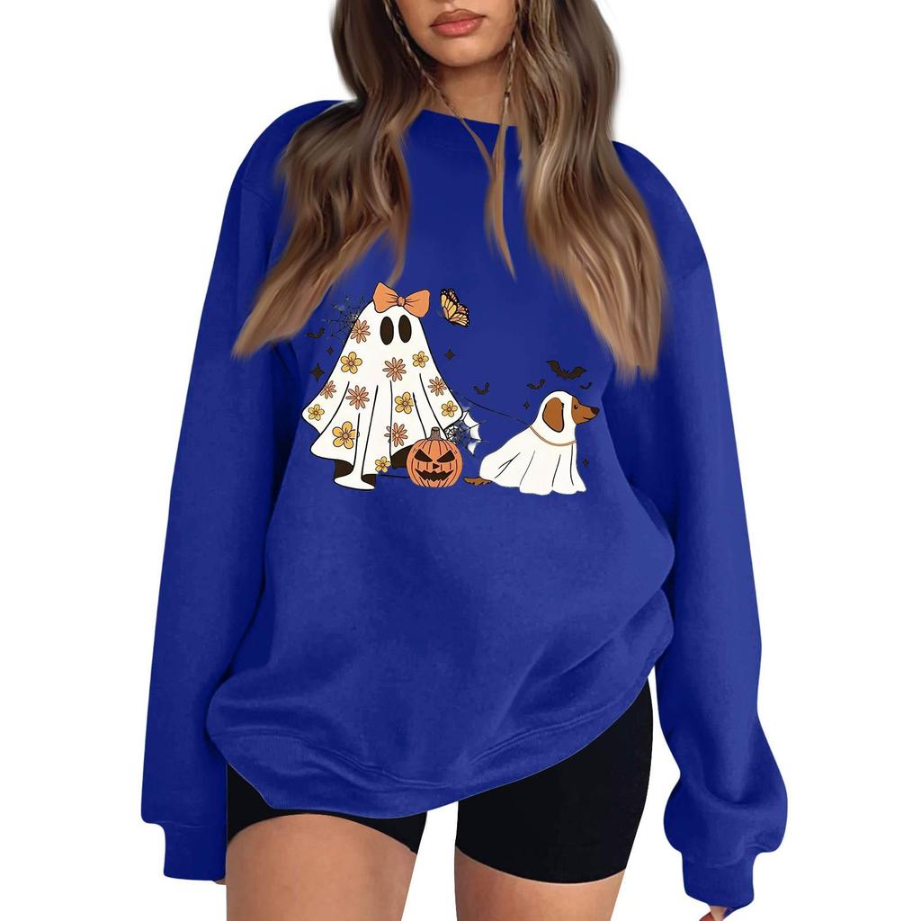 Women's Neck Long Sleeve Loose Fit Casual Sweatshirt Pullover Top with Halloween Print