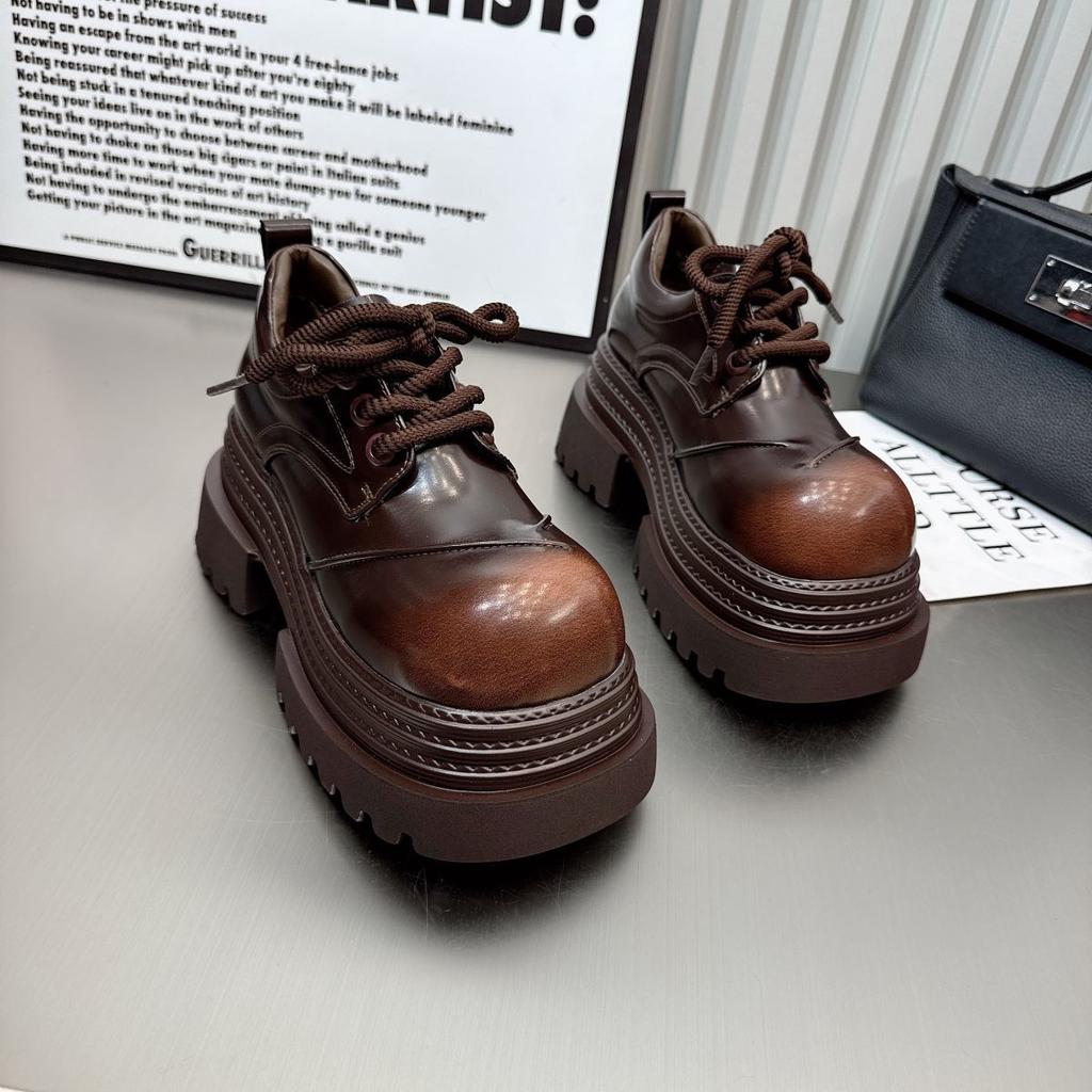 Small leather shoes women's platform muffins fashion height-increasing single shoes small retro brown leather shoes British loafers