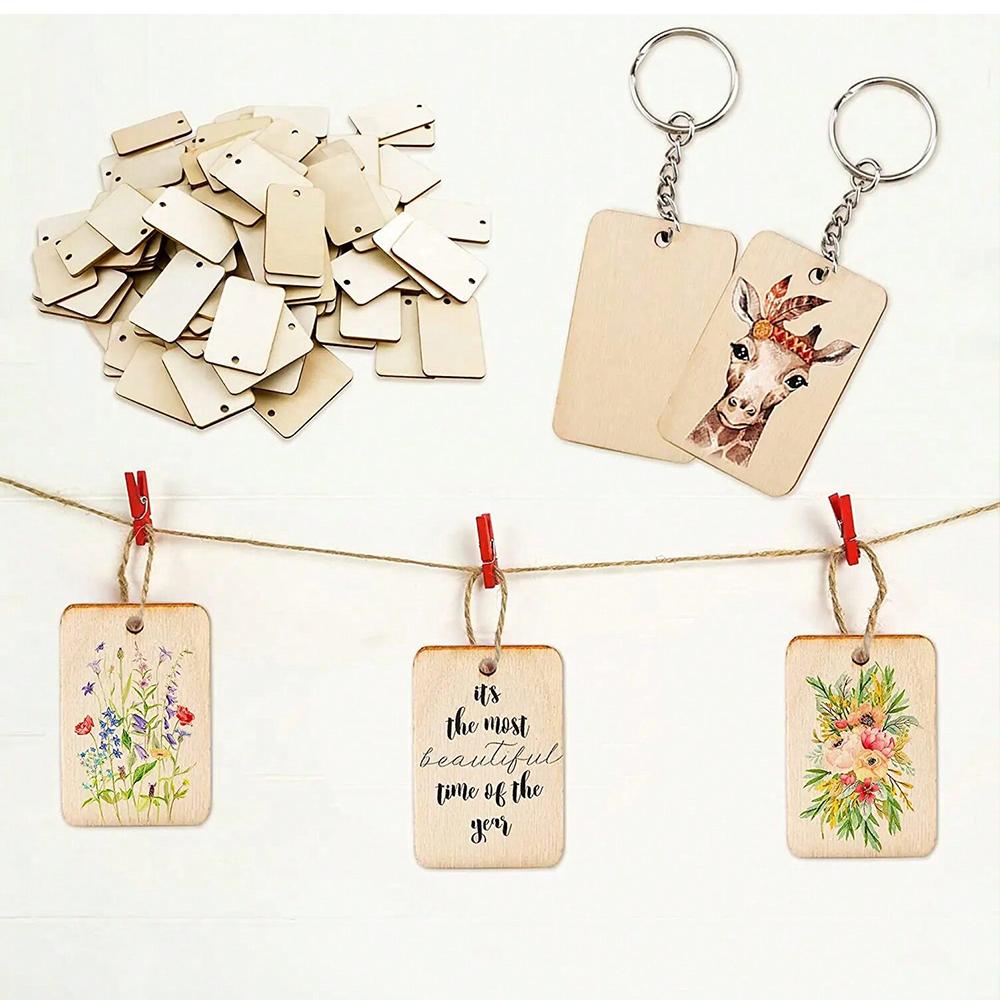 60pcs Blank Wooden Key Chains Rectangle Wood Key Chain Tags to Paint Personalized Key Rings for Engraving DIY Tags Key Craft