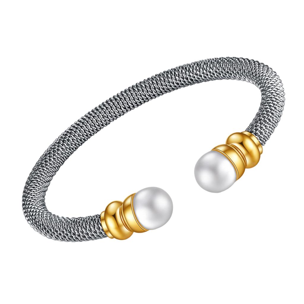 Personality Cable Pearls Titaniums Steel Bracelet Adjustable Open Bangle Two Color Electroplated Wristband for Women