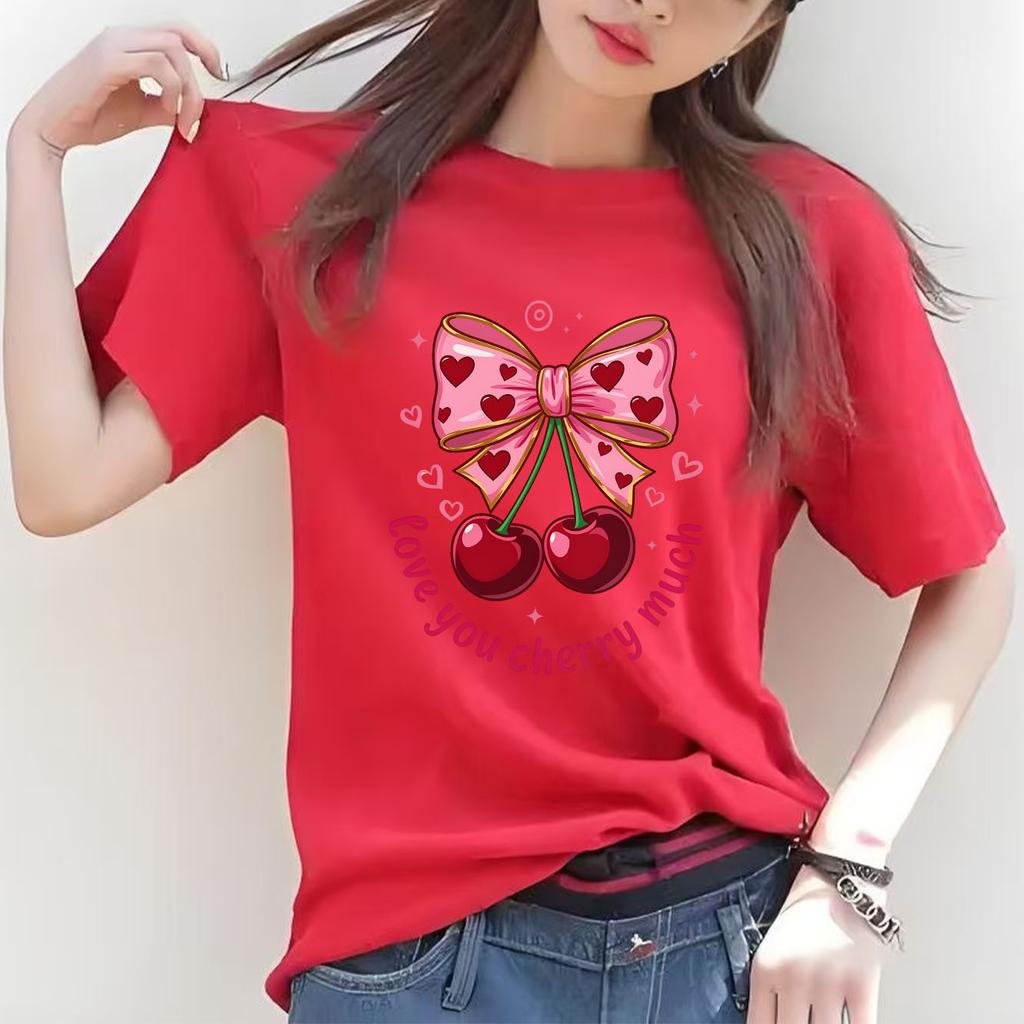 Fashionable and cute bow cherry cartoon print pattern daily Tshirt short sleeved round neck versatile Womens Tshirt