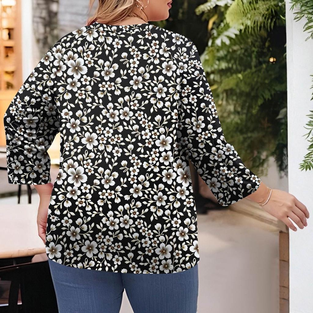 Women's Fashion Casual Print Round Neck 3/4 Sleeve T-Shirt Top