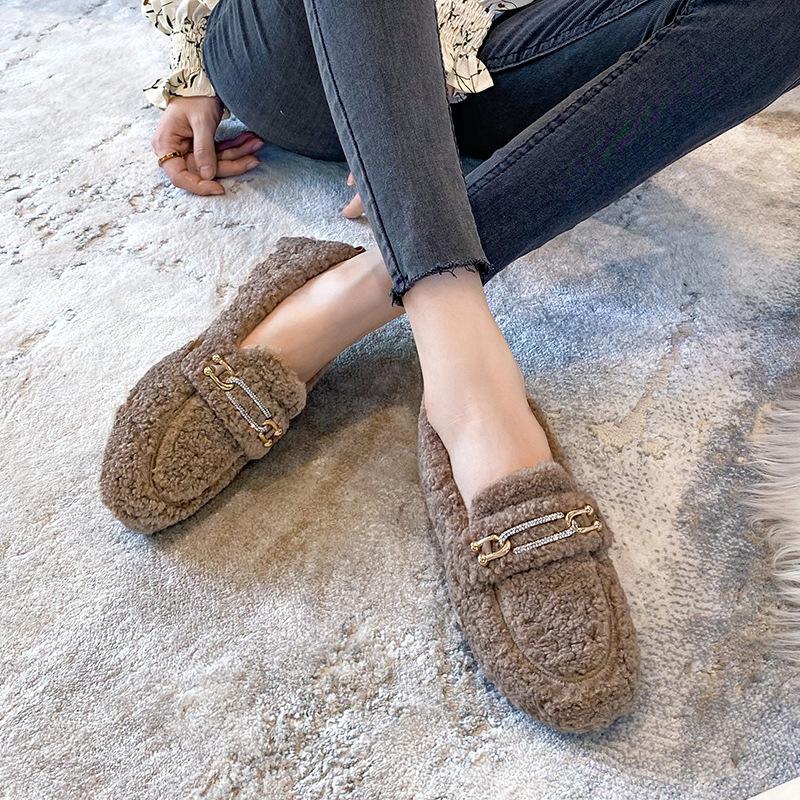 Fashion Crystal Metal Chains lambwool moccasins winter shoes woman warm curly fur flats female furry cotton snow boots shoes big size 43