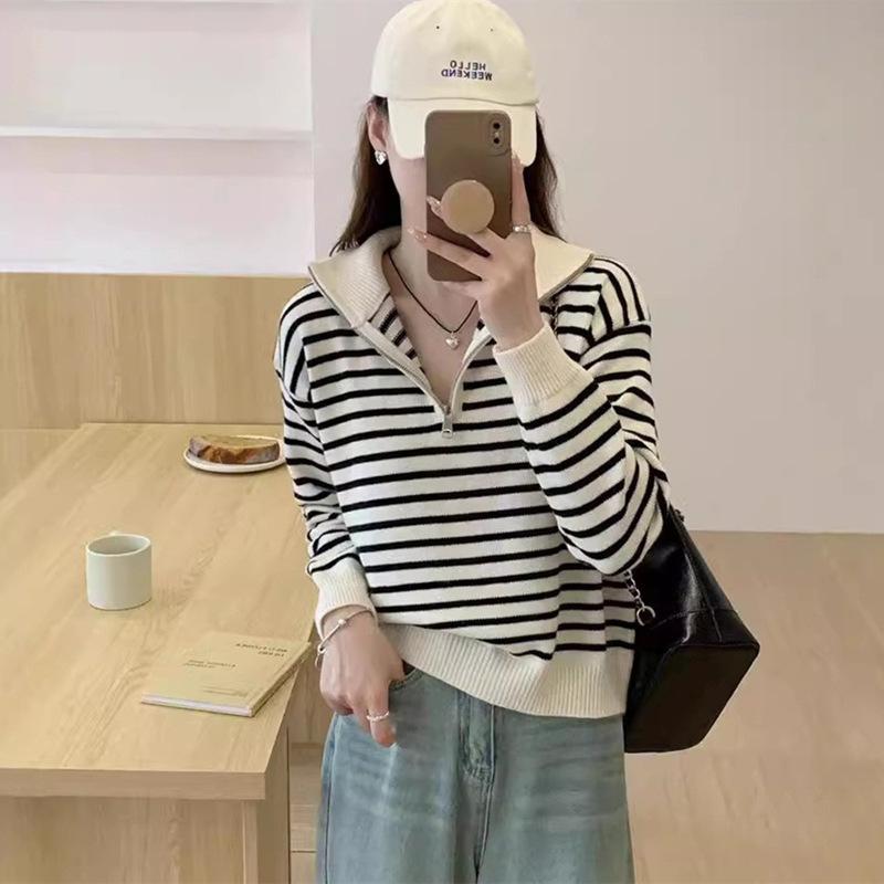 

Retro striped lapel half zipper pullover sweater women s autumn and winter loose versatile and thin lazy style knitted sweater top Average size 57-13 бежевий
