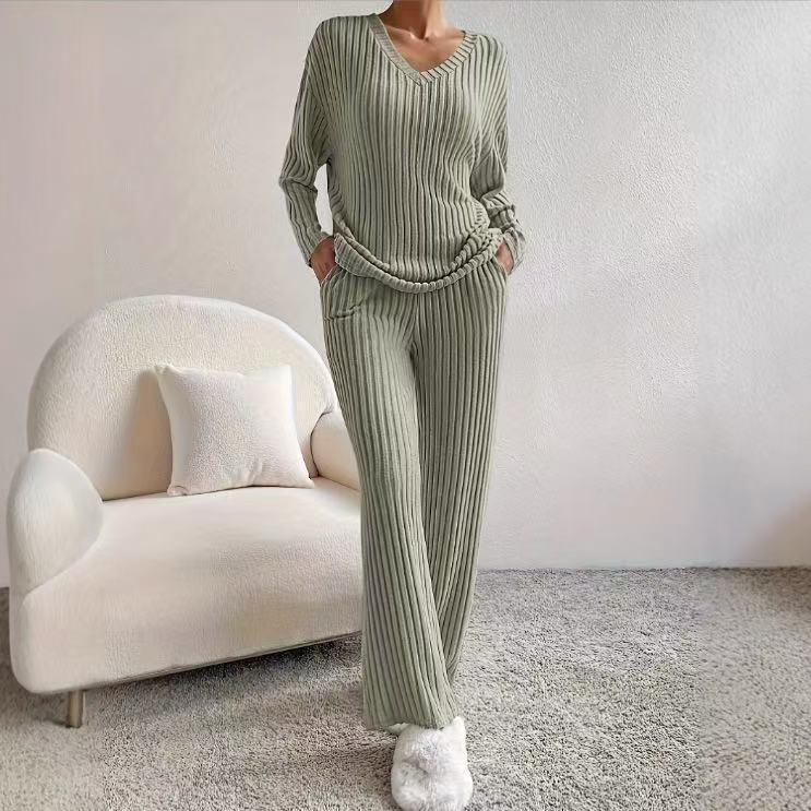 Women's Autumn 2025 Fashion: Rib-Knit V-Neck Set with Casual Straight-Leg Pants